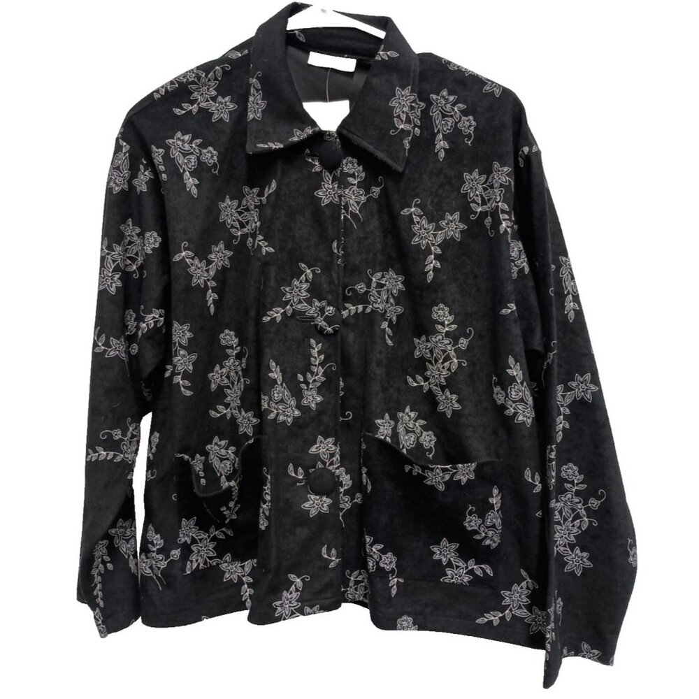 Material Girl Designs‎ Jacket Womens Small Black Faux Suede Floral Wearable Art